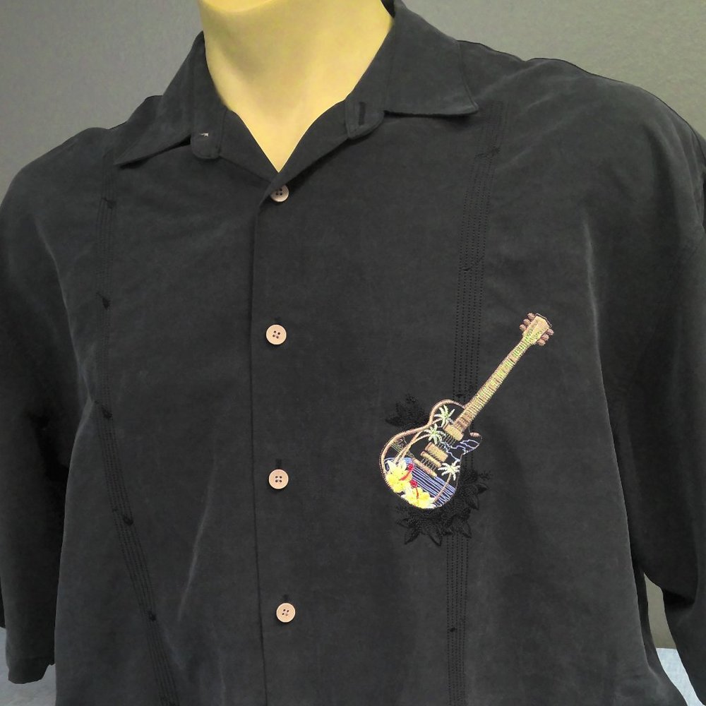 Kaylua Bay Hawaiian Beach Shirt Button Up Embroidered Guitar Men's XL